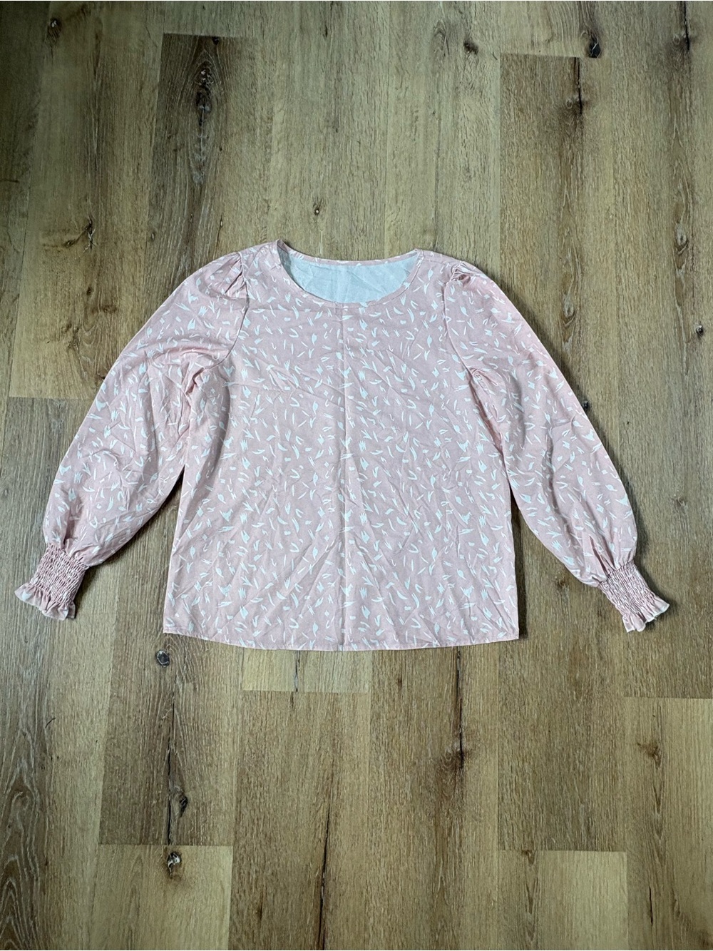 Blush Pink Puff Long Sleeve Blouse with White Leaf Print